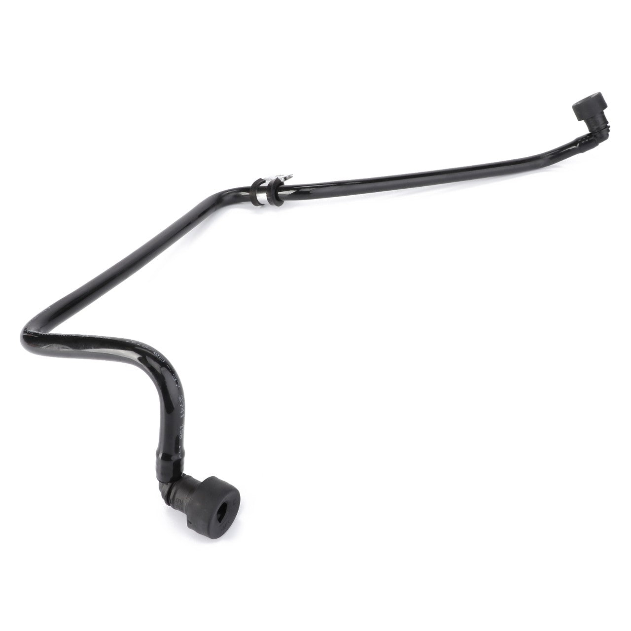 The AGCO Fuel Line - F836200060180 is a black metal tubing featuring two connector ends and slight bends along its length, suitable for high-performance agricultural machinery like Massey Ferguson tractors.