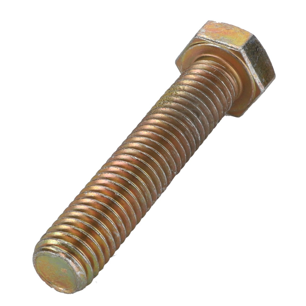 A close-up image of the AGCO | Hexagonal Head Bolt - Acp0002800, featuring a metallic hex bolt with a threaded shaft and a hexagonal head. The bolt shines with a bronze-like sheen, capturing intricate details.