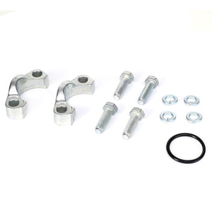 This image shows two metallic clamps, four bolts, four washers, and one O-ring arranged on a white surface. The items displayed are part of the AGCO | SPLIT FLANGE KIT - AG561044 from the brand AGCO.