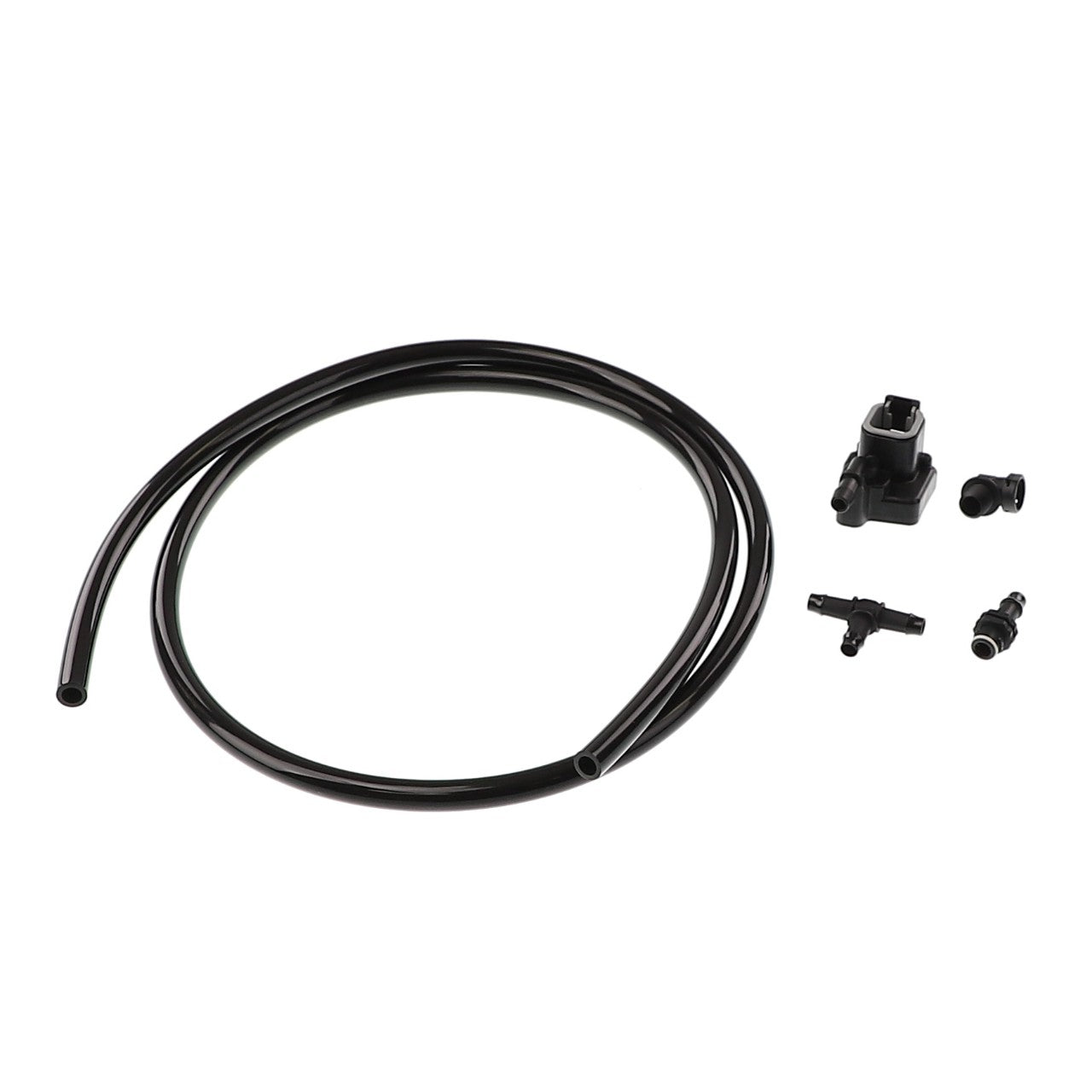 A coiled black hose is positioned next to several black plastic hose fittings, including connectors and adapters, all displayed against a pristine white background. The prominent product in the scene is the AGCO Transducer - Acw8839690 from the renowned brand AGCO.