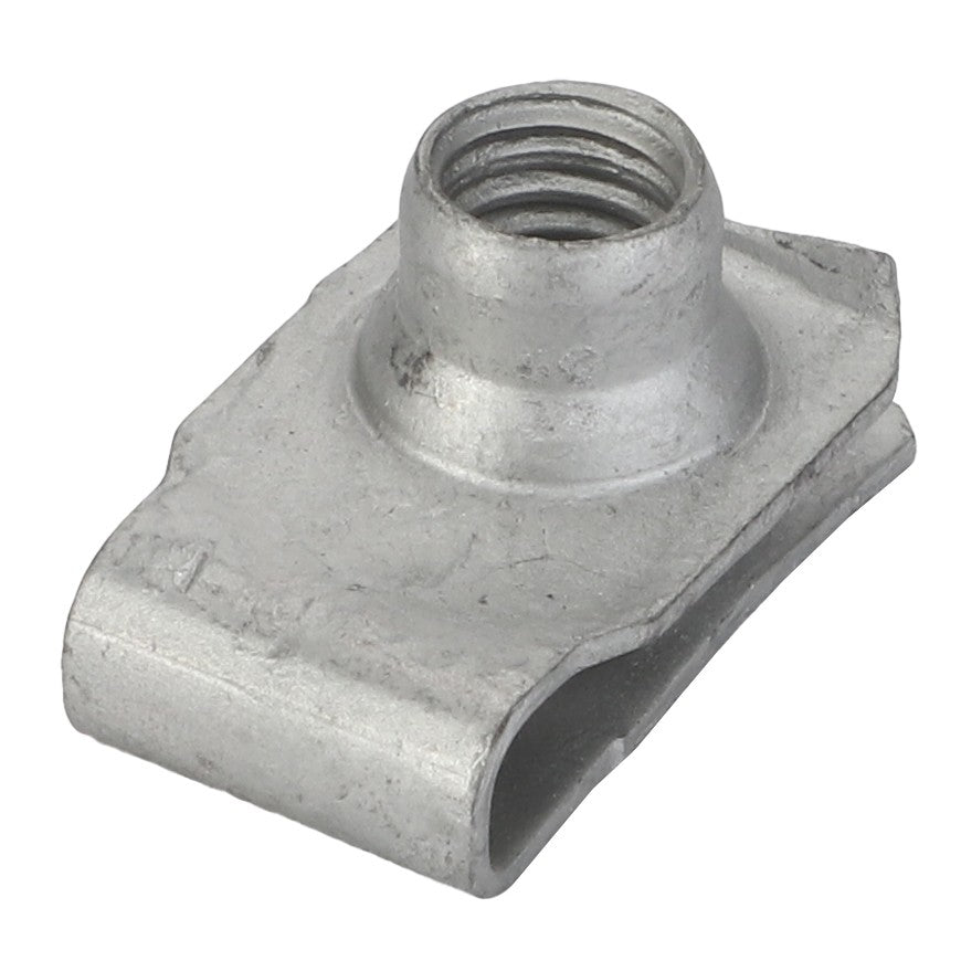 The AGCO Clip With Nut - Acw9093980 is a robust metal clip featuring a precision-engineered threaded hole at its center.