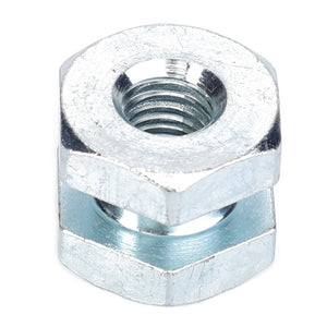 Close-up of the AGCO NUT - D28284945, featuring a silver hexagonal design with internal threading, stacked on top of another identical nut; both are isolated against a white background.