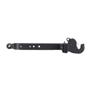 An AGCO Lower Link Arm, Hook End, Left Hand - Acp0327910 in black, featuring multiple holes for adjustment and a quick release latched hook on one end.