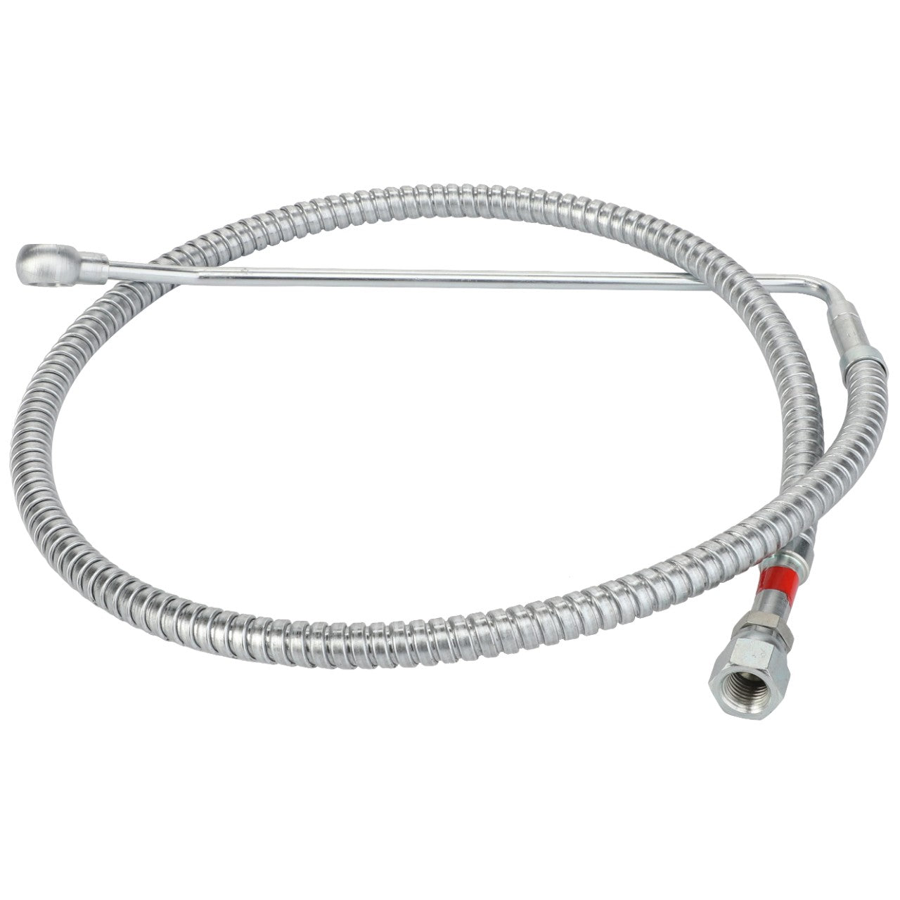 Introducing the AGCO | Hydraulic Tube - 0.010.9341.3: a versatile, flexible stainless steel gas hose engineered to withstand extreme temperatures, featuring threaded connectors at both ends, and coiled into a convenient circular shape for ease of use.