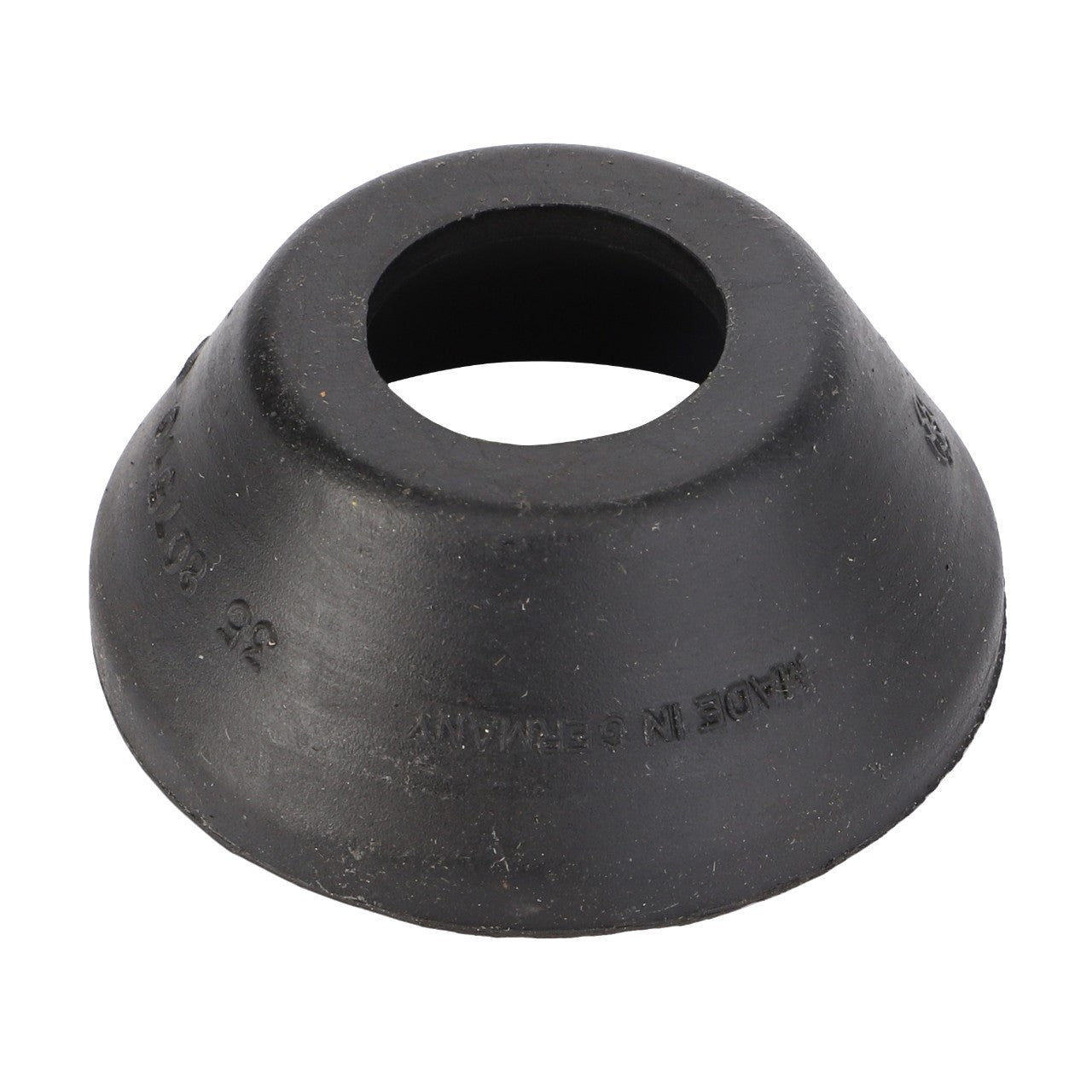 The AGCO Sealing Cap (model F184300020220) is a black rubber grommet that includes a central hole, beveled edges, and a slight conical shape. While there is no detailed product description currently available, text can be found inscribed around its outer surface.