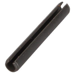 A cylindrical black metal pin with a longitudinal split, commonly used in mechanical assemblies for Valtra and Massey Ferguson models, known as the AGCO Slotted Spring Pin - 1442857X1.