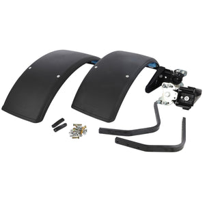 AGCO | Front Mudguard Kit - Acw090175A, a black motorcycle fender kit complete with mounting hardware and brackets, displayed on a white background. Please note, current product description information is not available.