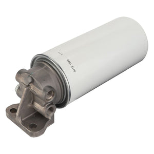 The AGCO Fuel Filter - 3972975M1 is a cylindrical white and metallic automotive fuel filter featuring a mounting bracket and threaded connections, designed for compatibility with Massey Ferguson equipment.