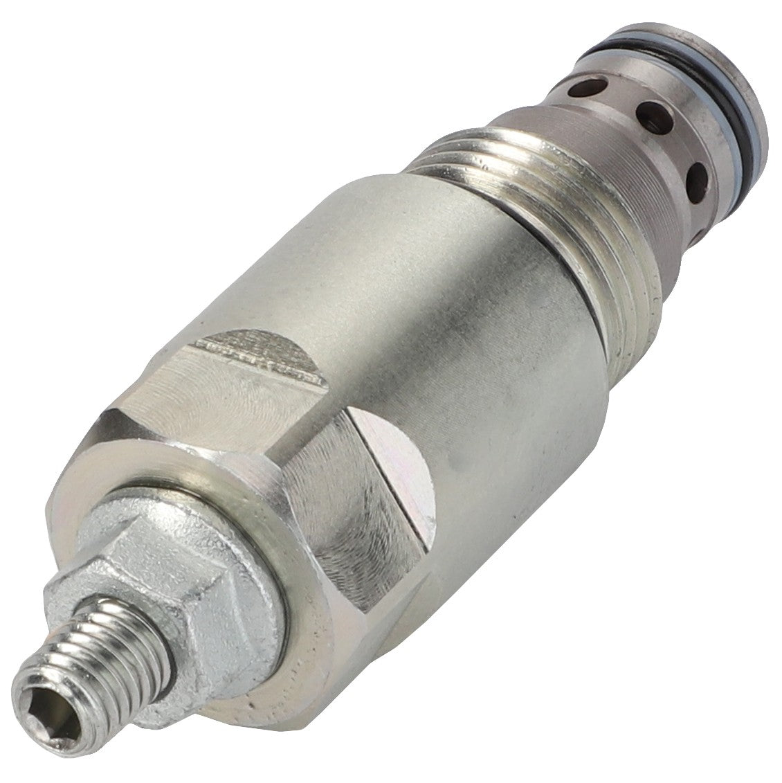 Close-up of the AGCO Relief Valve - Acw0523200, showcasing its metallic hydraulic control design with threaded connectors on both ends, a cylindrical body, and multiple holes along one side. Brand Name: AGCO.