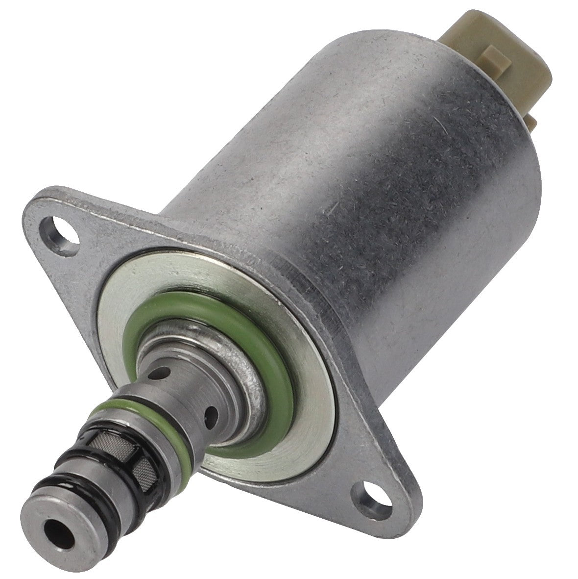 Close-up of the AGCO VALVE - AL10570092, a metal automotive solenoid valve with a cylindrical shape and flange mount, featuring fastening holes and an attached connector plug.