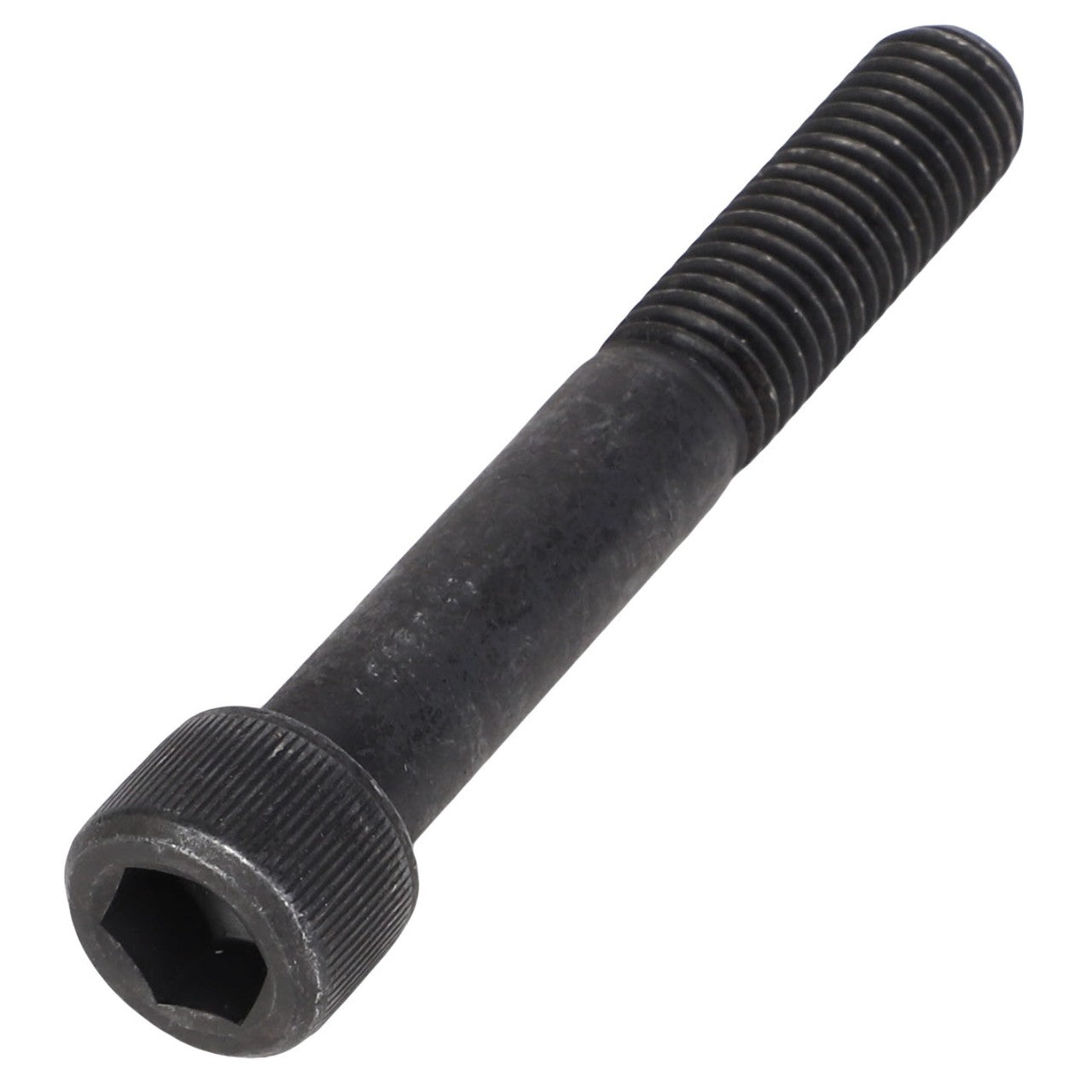 The AGCO WHEEL MOTOR SCREW - AG726336 is a black hex socket cap screw featuring a partially threaded shaft and a cylindrical head.