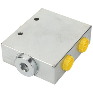 Currently, there is no detailed product description available for the AGCO Current Regulator - F530200050580. This metallic rectangular hydraulic manifold block features two yellow plugs on one side and an additional metal fitting on another side. Its surface appears smooth and lightly reflective.