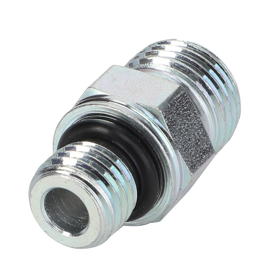 No current product description information is available for the AGCO Connector Fitting - Acw4037030, which features threaded ends and a black rubber O-ring in the center.