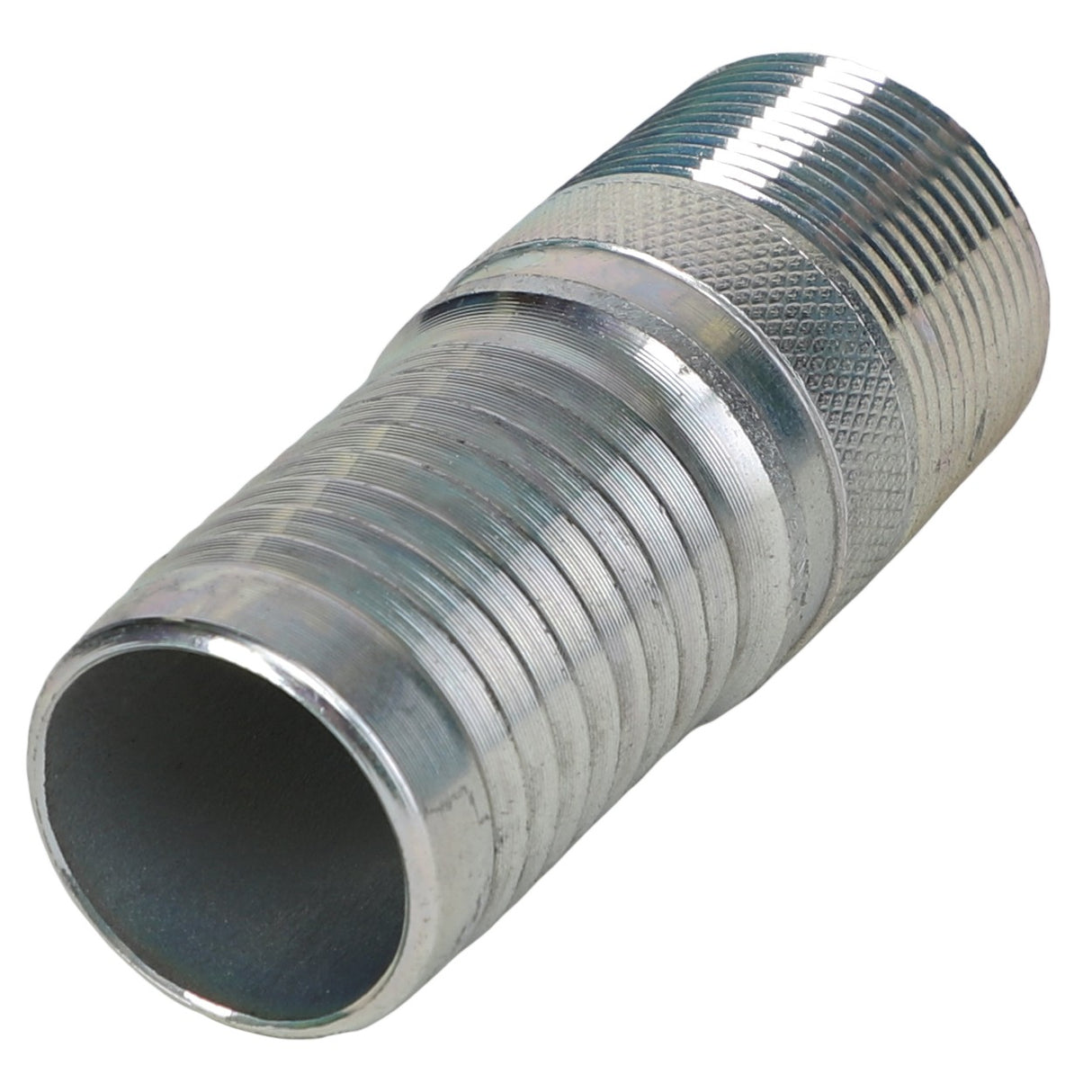 A close-up image of the AGCO | NIPPLE - AG603325, a metallic hose connector with ribbed and threaded sections. No current product description available.