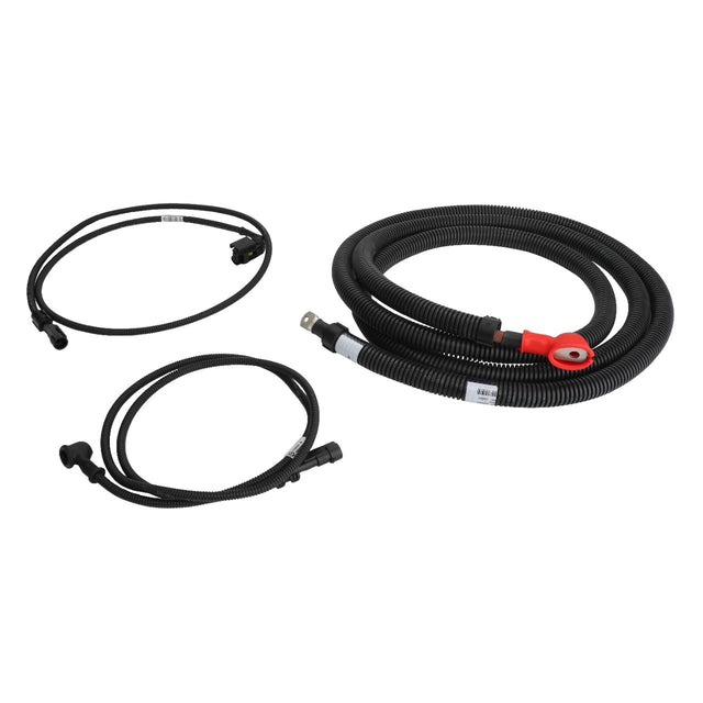 Three AGCO coiled electrical harnesses, each of varying lengths and equipped with different connectors at the ends, isolated on a white background. No current product description information is available.