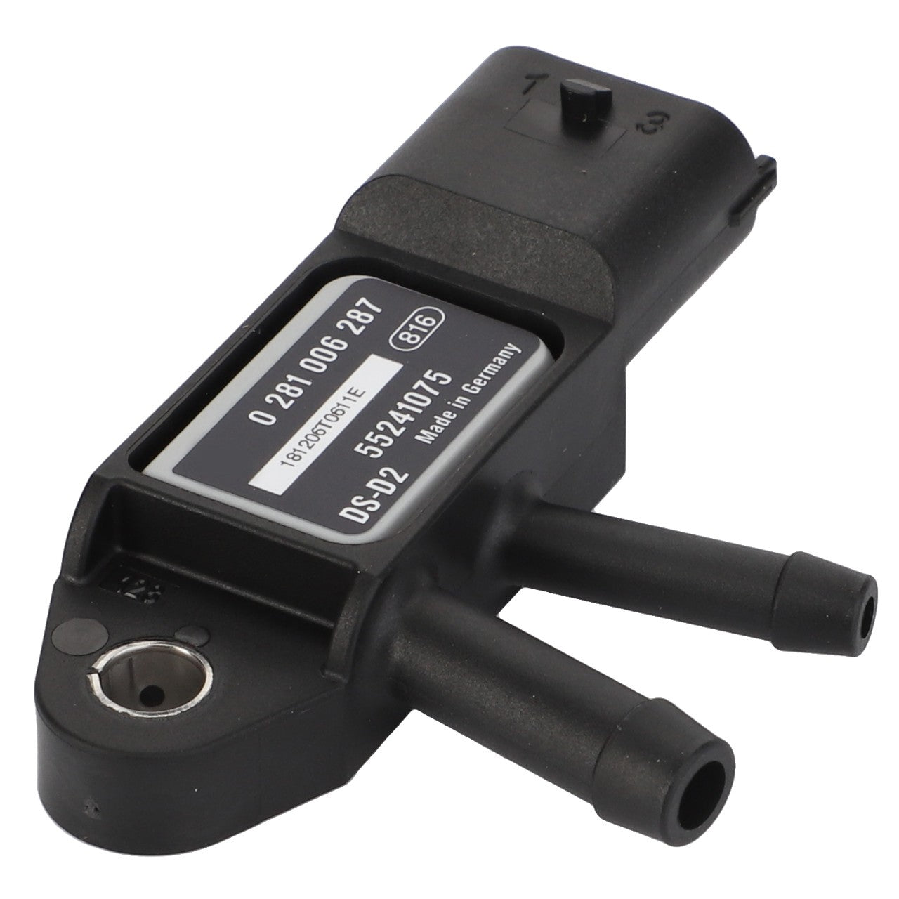 Close-up of a sleek black AGCO | Sensor - Acp0311400 device with multiple nozzles, featuring a label that displays numbers and barcodes in fine detail.