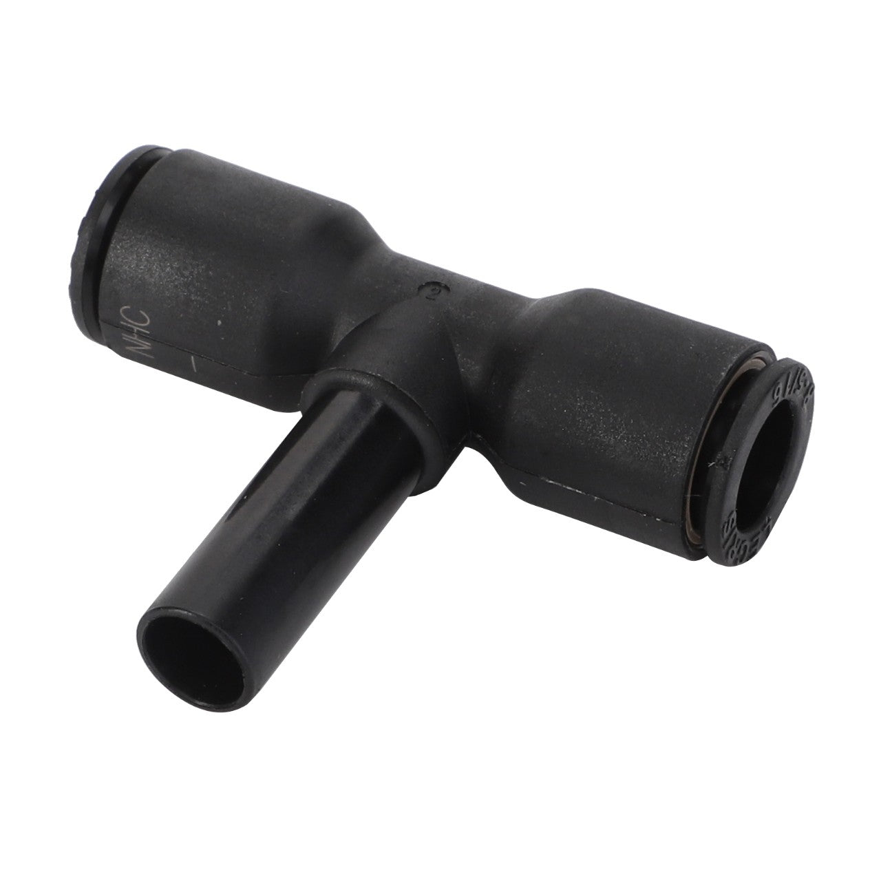 The AGCO Fitting - 4392675M2 is a black plastic T-shaped pipe connector with cylindrical openings on all three ends, designed for joining tubes or hoses in plumbing or industrial systems, and is ideal for use in Massey Ferguson models.