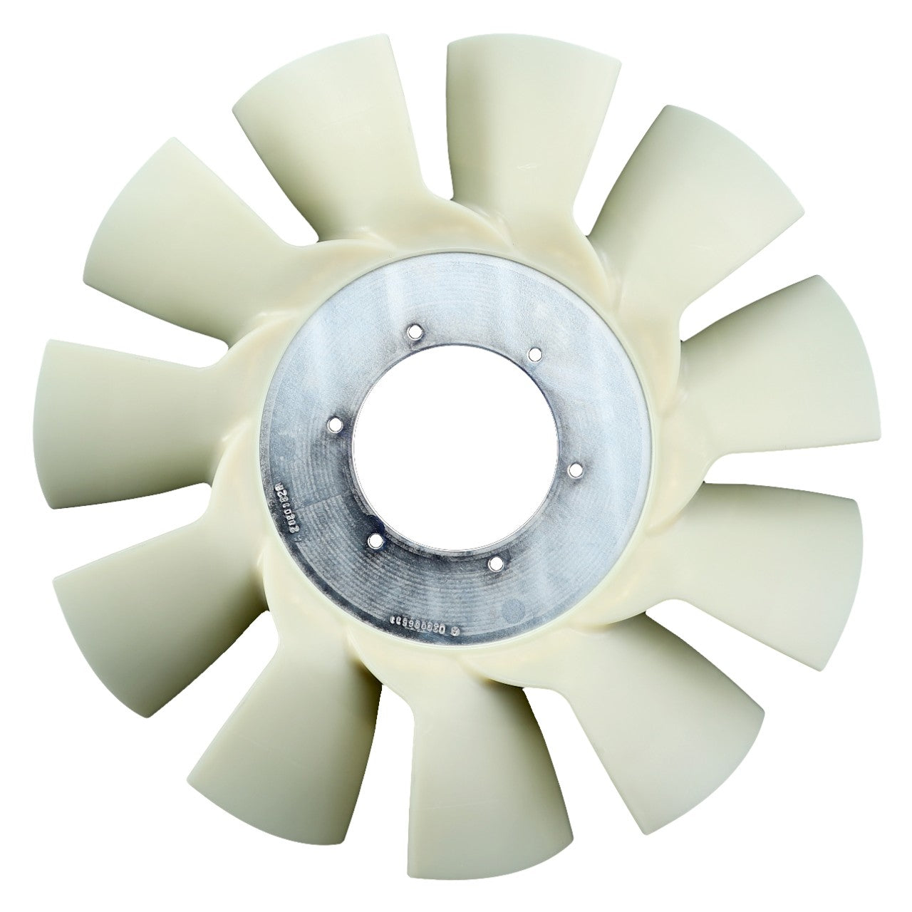 An AGCO Genuine Fan Blade features eleven curved white plastic blades arranged in a circular pattern around a central metal hub, and is designated as the AGCO Fan Blade, model Acw0114400.