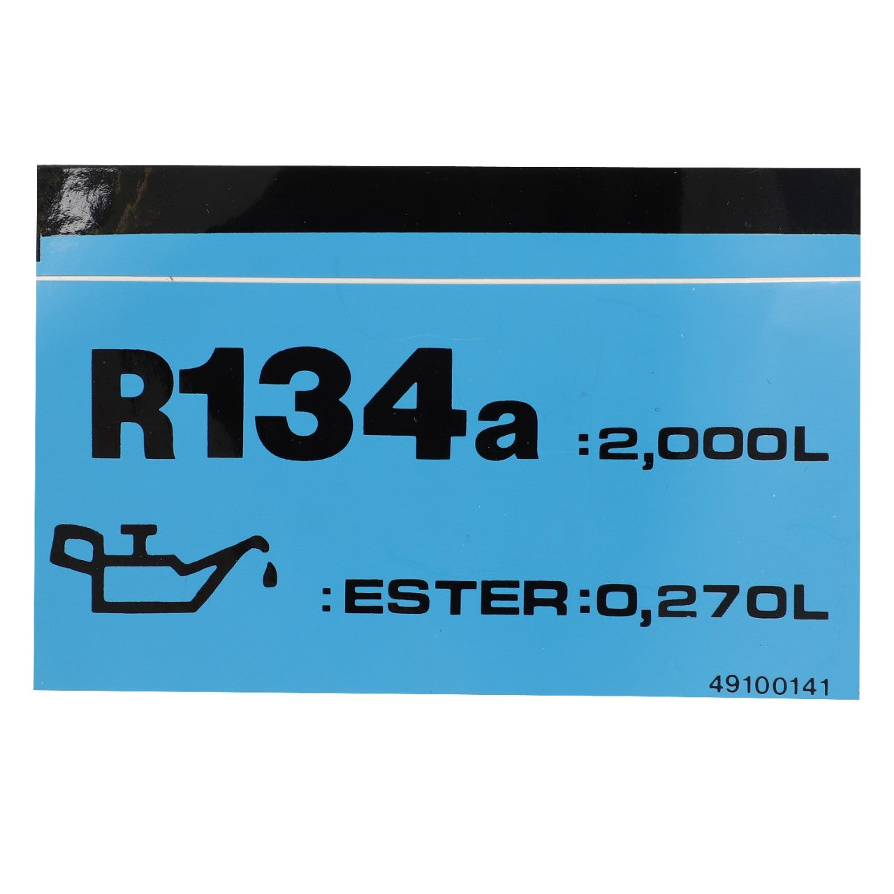 Label the product "AGCO | DECAL - D49100141" with "R134a: 2,000L" and "Ester: 0,270L" in black text on a blue background, featuring an oil can icon and the number "49100141" printed at the bottom right. No current product description information is available.