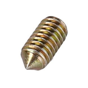 Close-up of a small, metallic, threaded AGCO | Grub Screw - Va021528 with a pointed tip. The surface appears shiny with a golden hue.