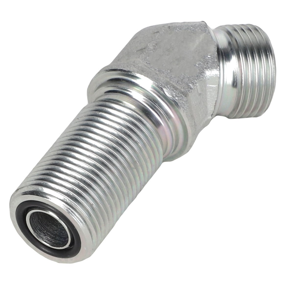 The AGCO | Bulkhead Connector - Acw1972120 is a metal hydraulic fitting featuring a threaded cylindrical body and a 45-degree angled end, engineered for precise fluid control in demanding applications.