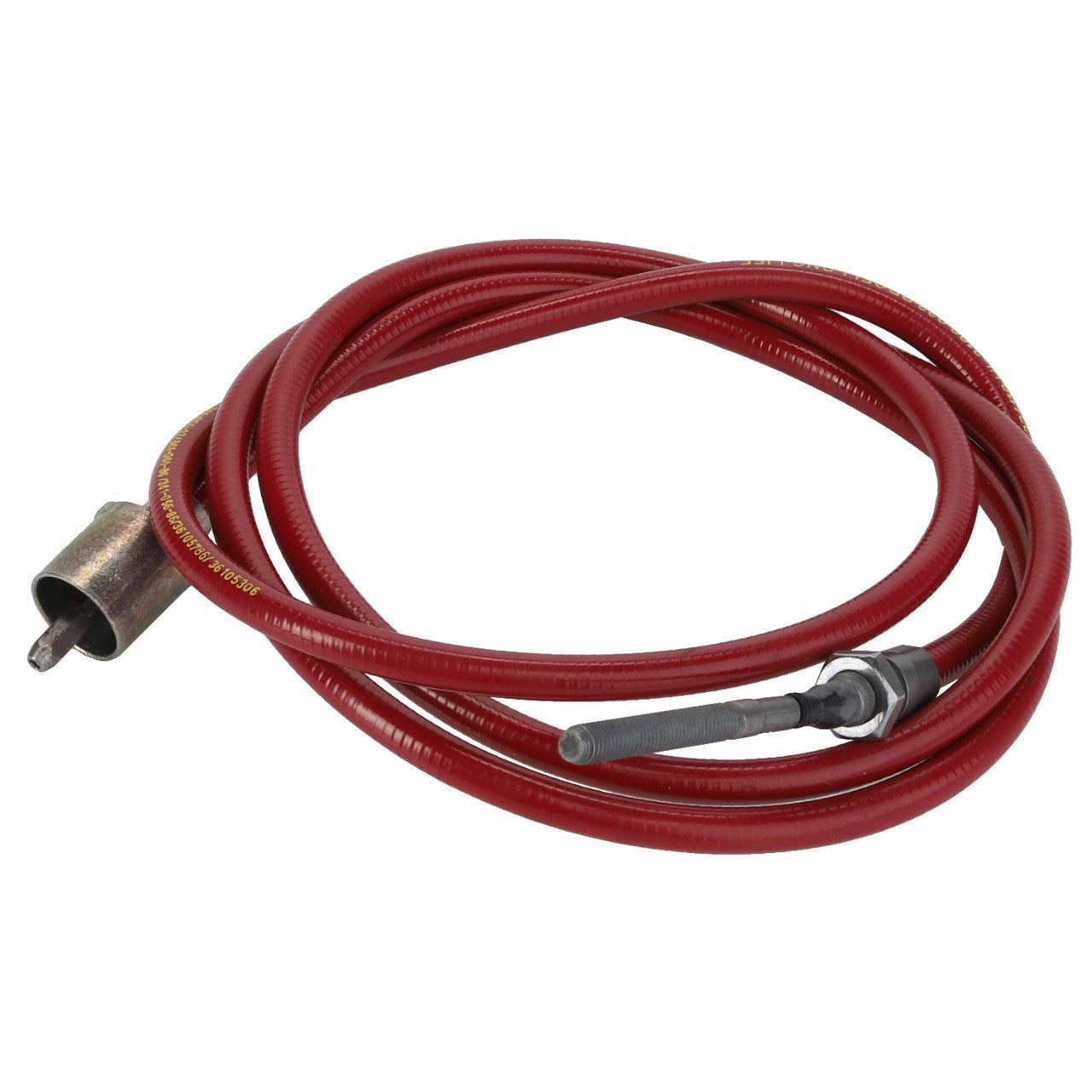 AGCO CABLE - D46745607, a coiled red flexible hose with a metal fitting on each end, is depicted against a white background.