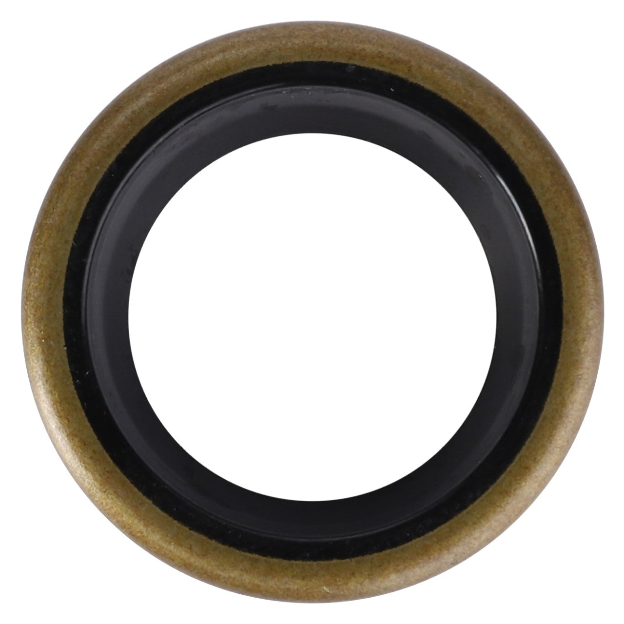 Close-up of the AGCO Seal, Steering Cylinder - 1749616M1, featuring a black inner ring and a gold outer ring, ideal for Massey Ferguson models.