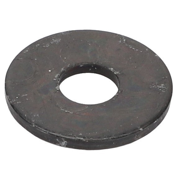 A round, flat metal washer in black with a central hole, known as the AGCO Flat Washer - Acw0988100 by AGCO, for which no current product description information is available.