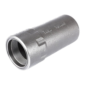 The AGCO Filter Housing - V31539420 is a metal pipe fitting with threaded openings on both ends, designed for connecting two pipes in plumbing or industrial systems. It is ideal for use with Massey Ferguson Models' hydraulic systems.