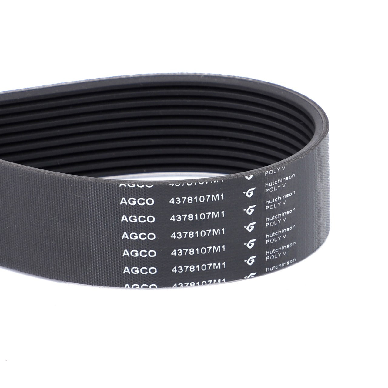 Close-up of a black AGCO Serpentine Belt with white text displaying the model number 4378107M1 and brand name AGCO. Ideal for Massey Ferguson Models, the belt is coiled in a neat loop, ensuring optimal performance.