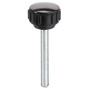 A black AGCO Knob - Acp0424630 with a threaded metal shaft stands vertically against a white background.