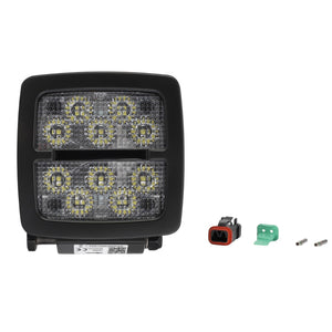 AGCO's WARNING DECAL - ACP0535030 features a square LED vehicle light with eight individual bulb units, renowned for its durability and efficiency. It comes complete with a wiring connector, terminal pins, and a green rubber seal.