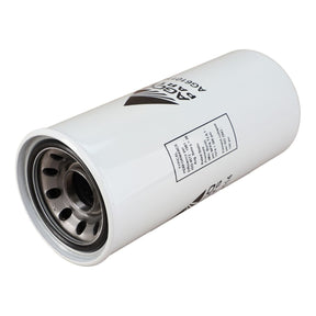 The AGCO Hydraulic Filter Spin On (model AG610114) is a cylindrical white filter featuring metal fittings and several holes on one end. The side of the filter displays printed text and a logo. This genuine AGCO product is designed to extend machine lifespan by preventing wear and corrosion.