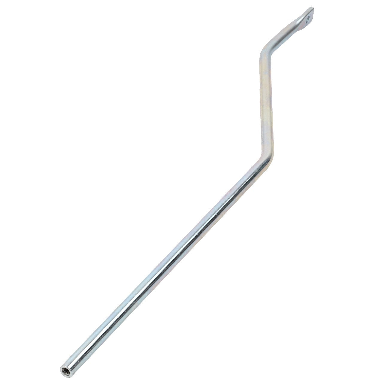 A product from AGCO, the Rod - 3823124M1, is an elongated metal rod with two bends and a mounting hole at one end, commonly used in Massey Ferguson equipment.