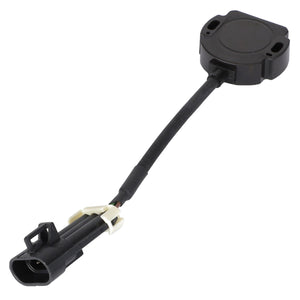 The AGCO | Position Sensor - Acw4977300 by AGCO is a black automotive sensor with an attached cable, featuring a circular base and a rectangular connector at the end of the cable. There is no information available on its specific functionalities or compatibility.