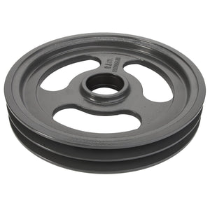 The AGCO Tensioner - La321990850 is a grey metal pulley with three spokes and a central hole. It features a groove around its perimeter designed for optimal belt traction.