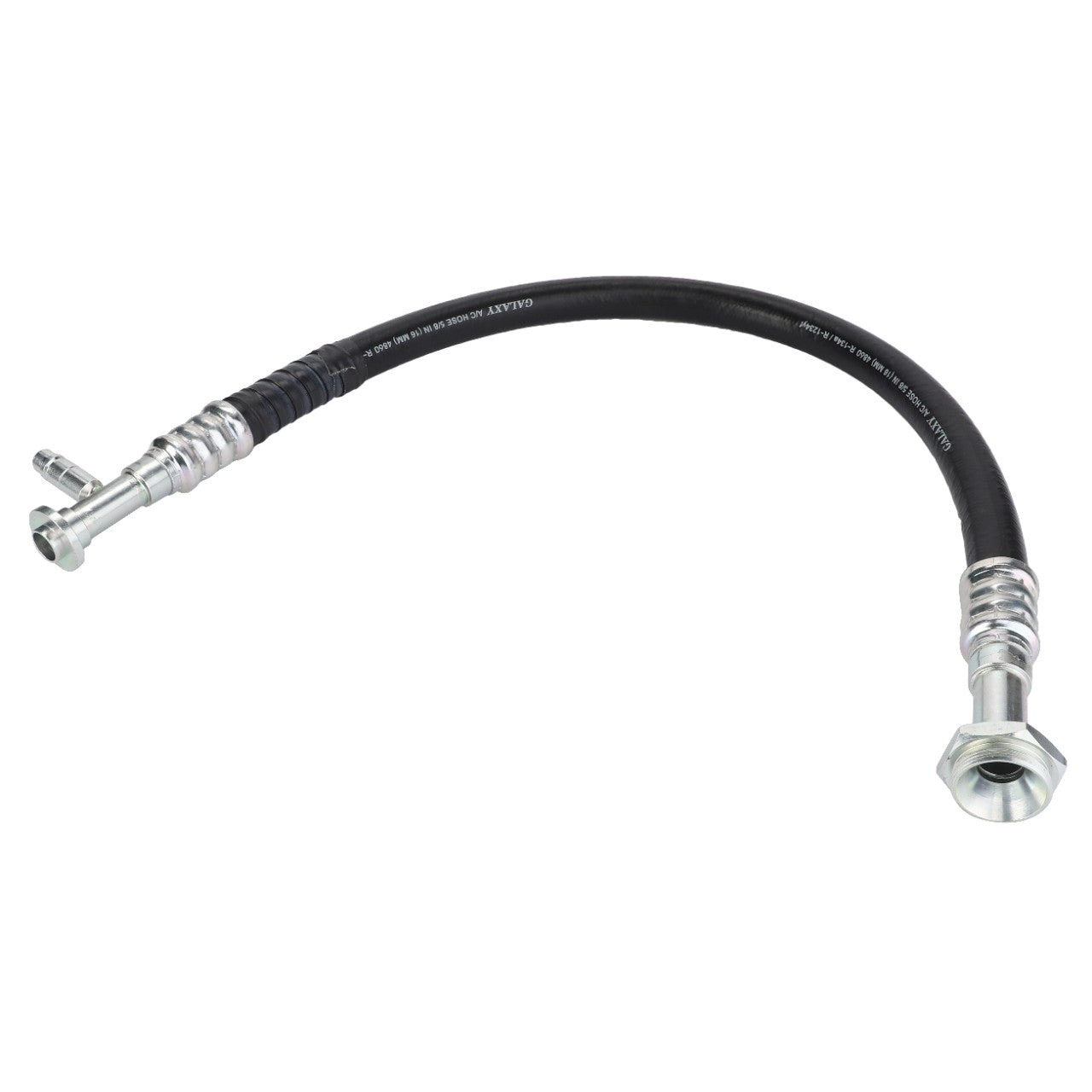 The AGCO Hydr. Hose - Acp0301200 is a flexible black hose equipped with metal connectors on both ends, featuring a hexagonal fitting on one end and a barbed fitting on the other. No current product description is available to provide further details regarding its specifications.