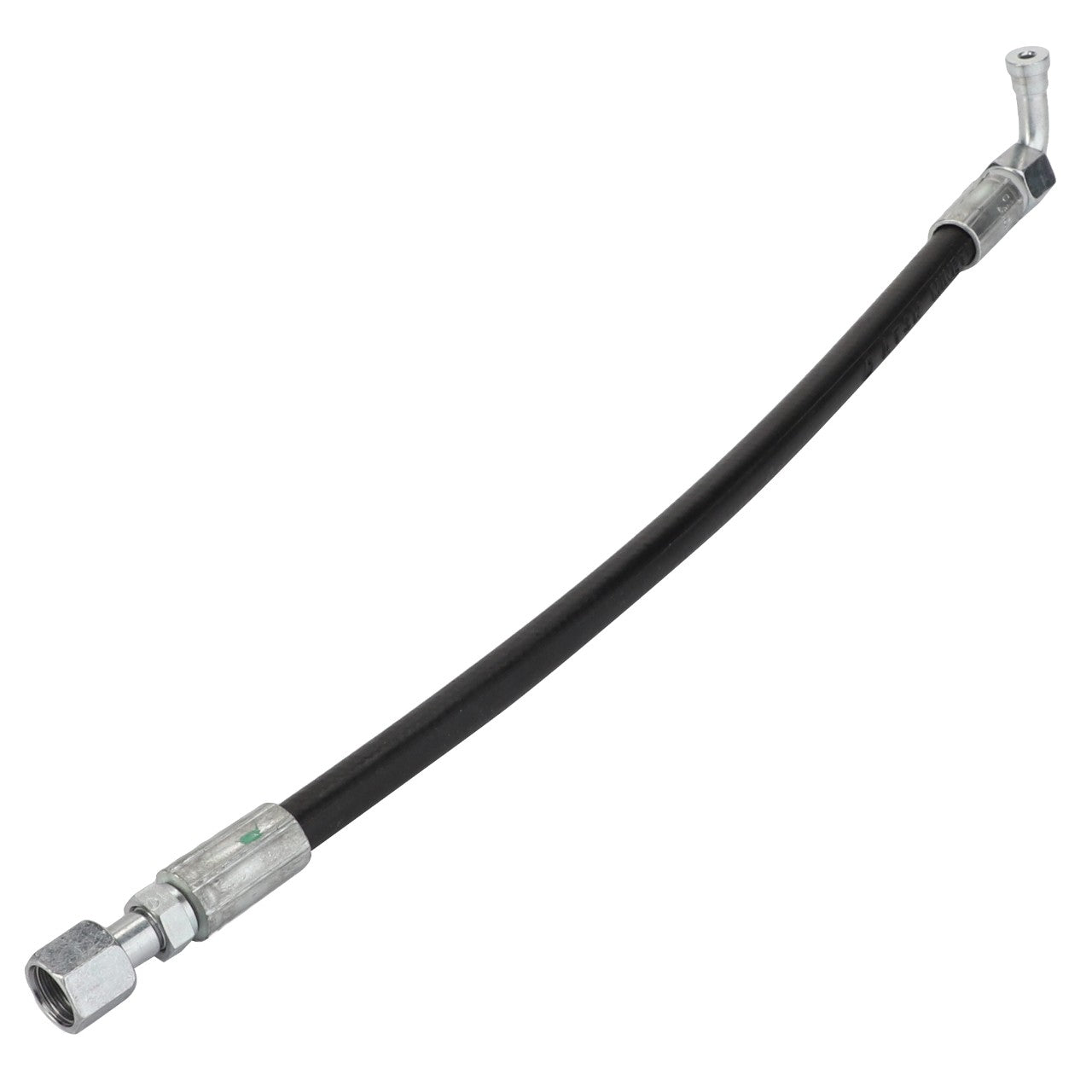 AGCO | Hydraulic Hose - Acw2783320: Black rubber hydraulic hose from AGCO, featuring high-performance, abrasion-resistant coverings and equipped with metal fittings at both ends—one straight and one angled.