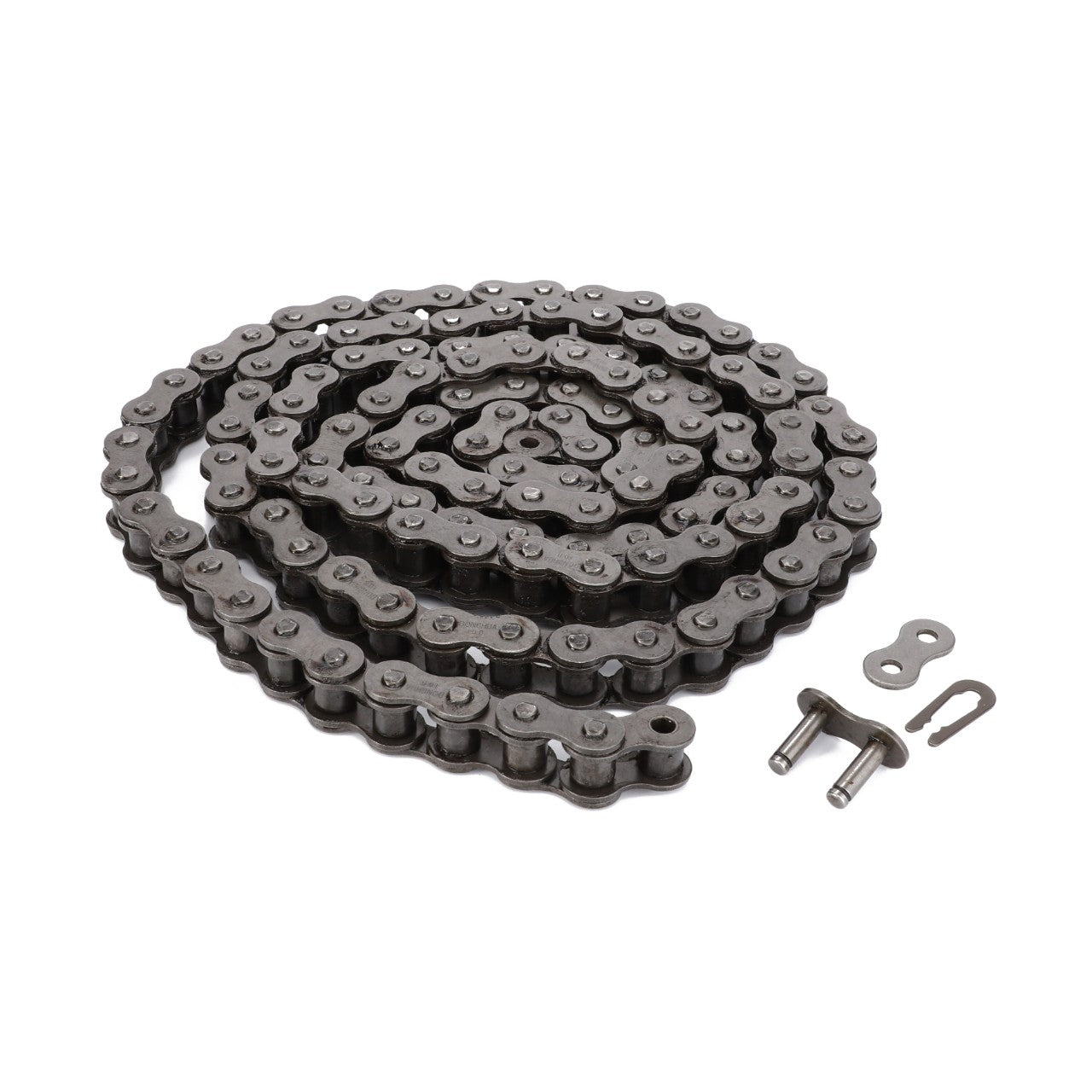 A coiled metal chain with pins and a clip designed for optimal performance in cutting headers or machinery. Trust the AGCO | Chain, Cutting Header Pf Left Side - D42332800 for adhering to precise technical specifications.