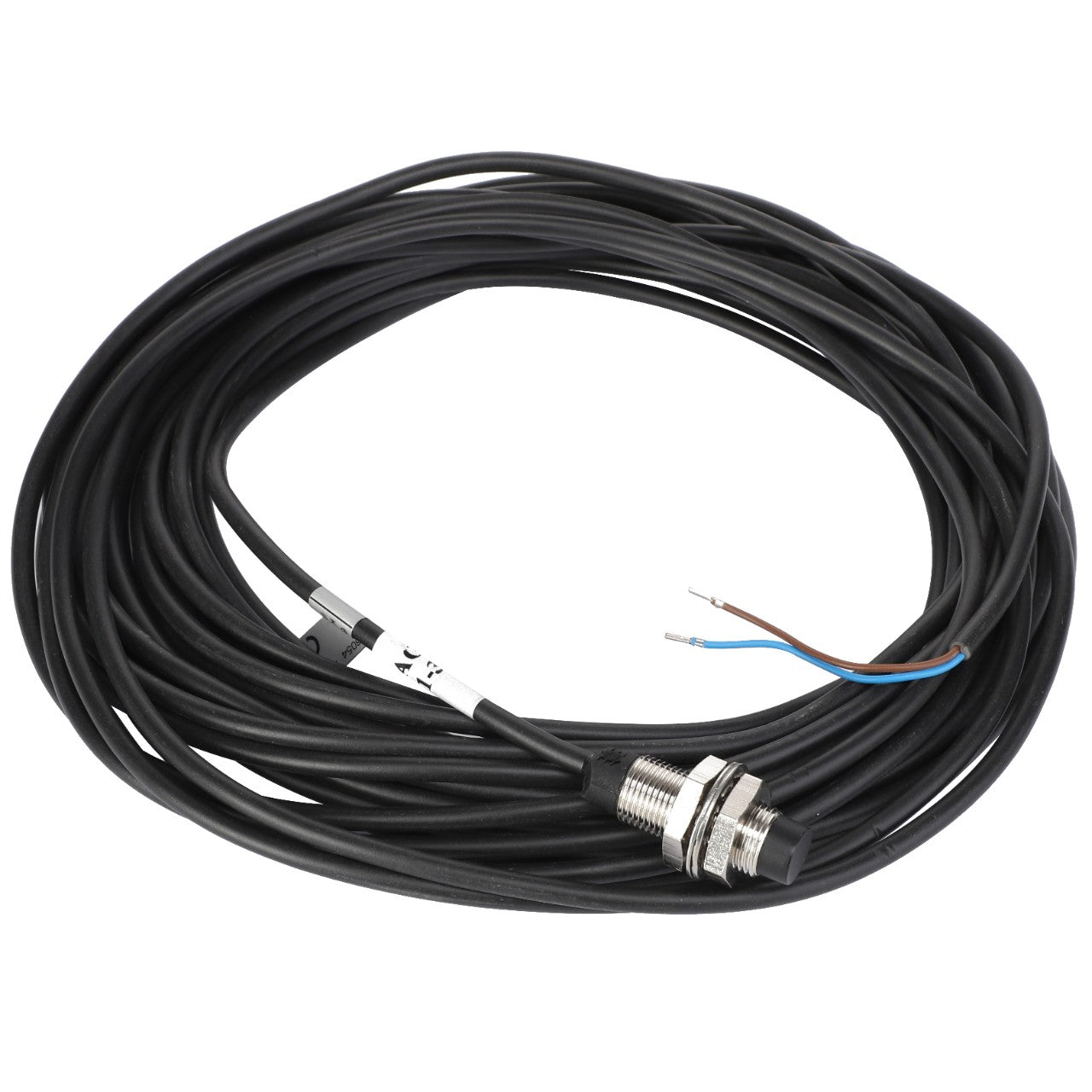 Introducing the AGCO | Proximity Sensor - 0971-39-07-00, a coiled black electrical wire equipped with a metal sensor and four exposed ends (red, blue, brown, and one additional wire), making it perfect for integration into Massey Ferguson machinery.