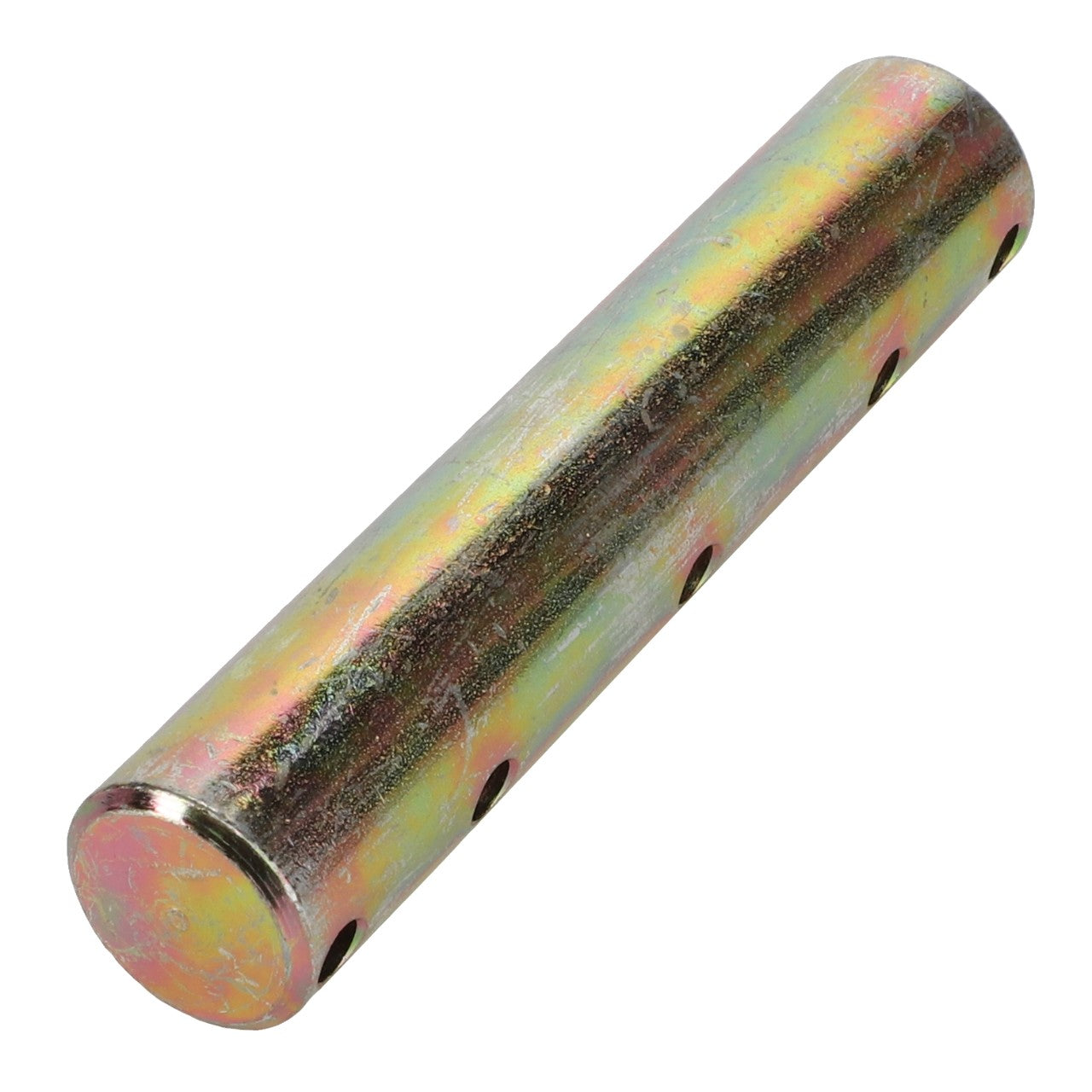 Currently, no product description is available for the AGCO Bolt - Fel141321, a cylindrical metal rod with a slightly reflective, multicolored surface and multiple small holes along one side.