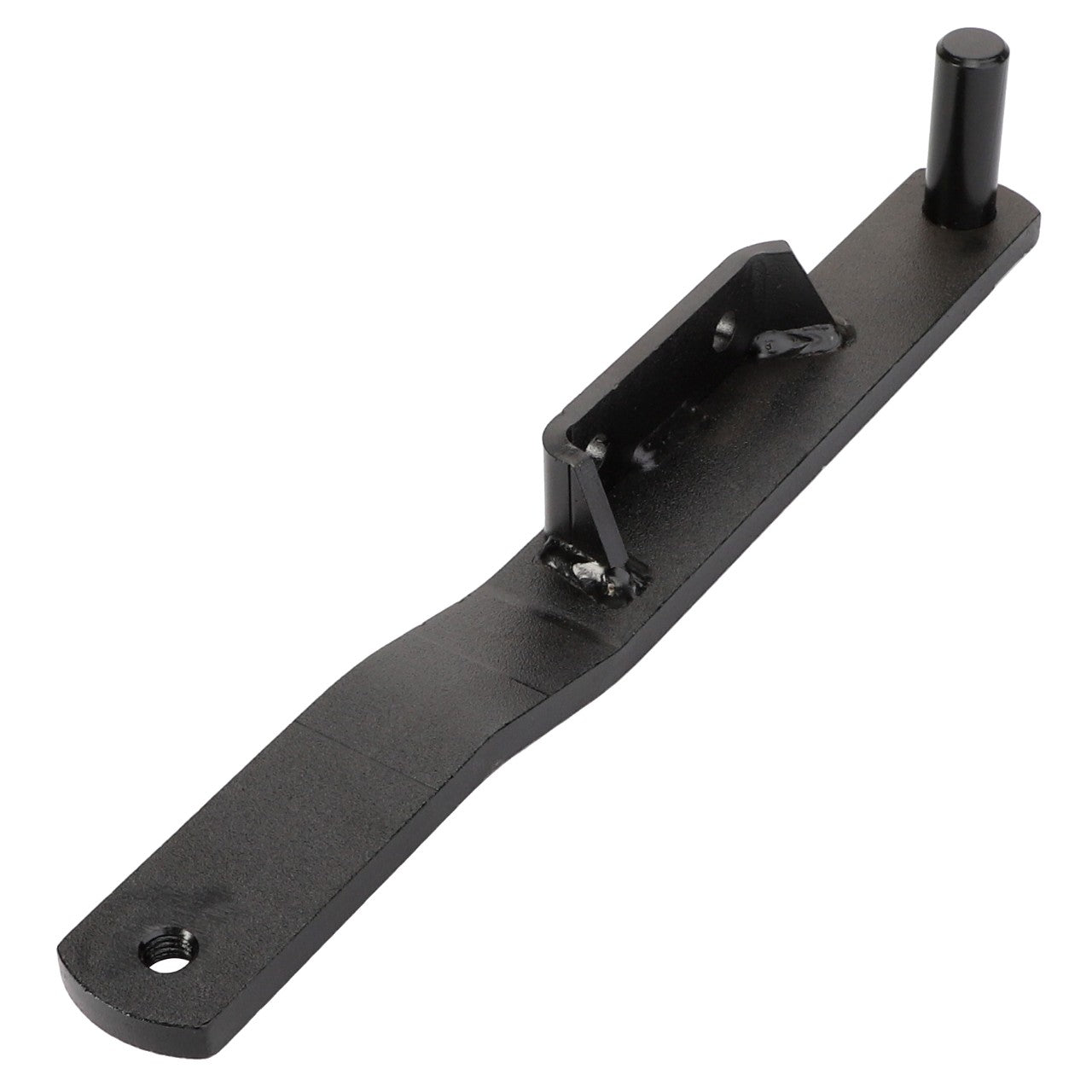 The AGCO RIGHT HAND ARM - D28485460 is a black metal bracket featuring a rounded peg and mounting hole. It is likely used for securing or aligning components in machinery or equipment. No further product description information is currently available.