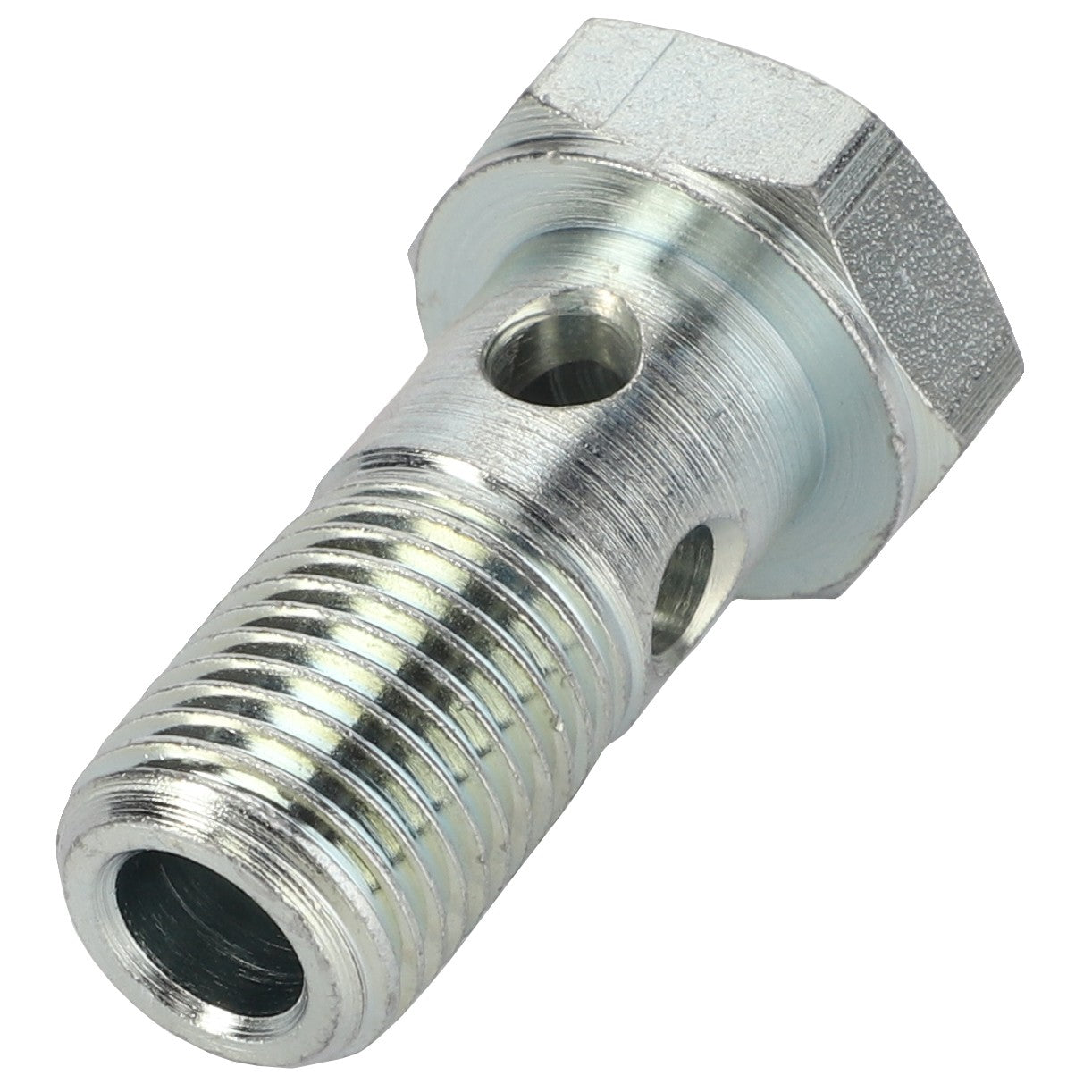 The AGCO Banjo Bolt - Acp0343790 is a metal hydraulic component with two side holes and one end opening, designed with threading and a hexagonal head for secure and precise adjustments.