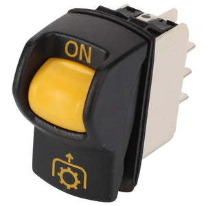 Introducing the AGCO Switch - Acp0331380, a black and yellow electrical switch featuring the word "ON" and a gear symbol indicating power. No current product description is available for this item.