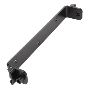 The AGCO | Bracket - Acw164715A is a black metal bracket featuring three screw holes and two attachment points on each end, suitable for mounting or securing purposes. Currently, no additional product description information is available.