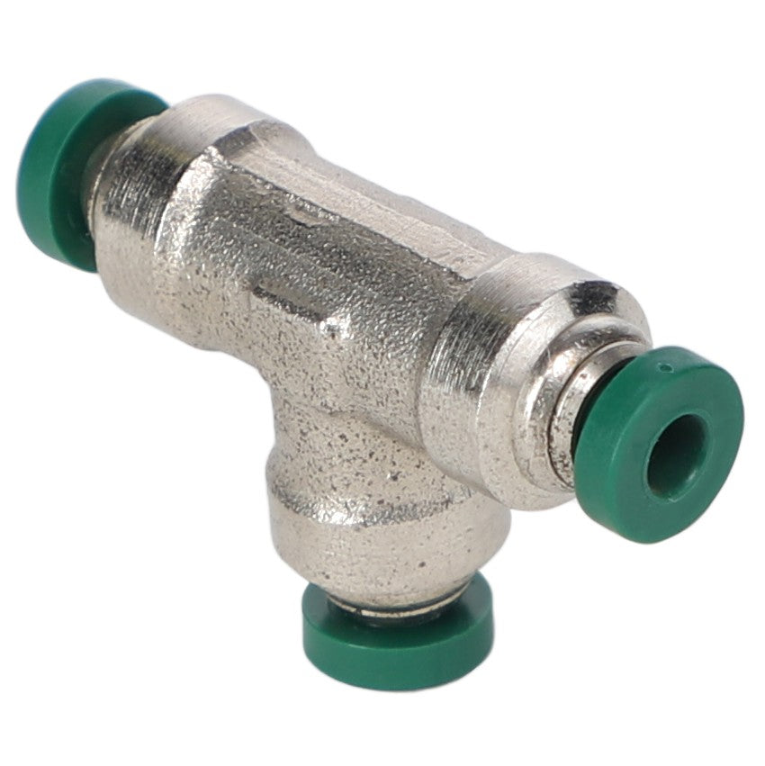 Introducing the AGCO | TEE FITTING - AG516206, a metallic T-shaped pipe fitting featuring green stoppers at each end.