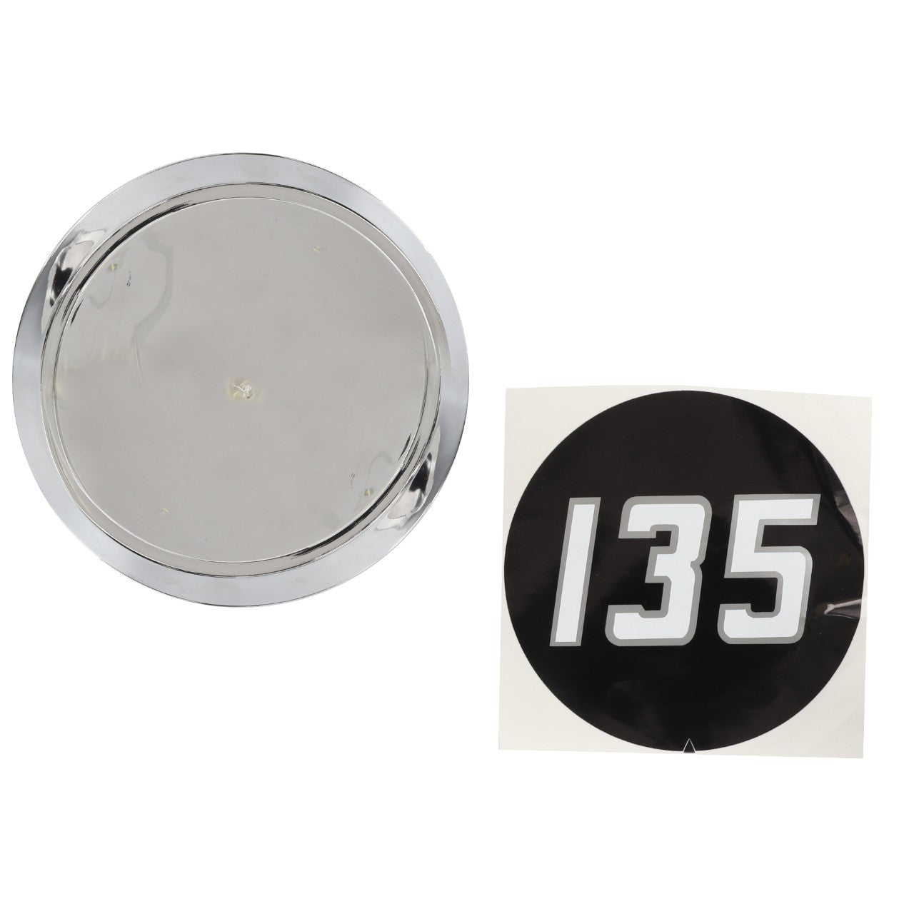 AGCO round chrome hubcap next to a durable black circular AGCO Decal, Medallion with the number "135" in white (product code: 1865460M1).