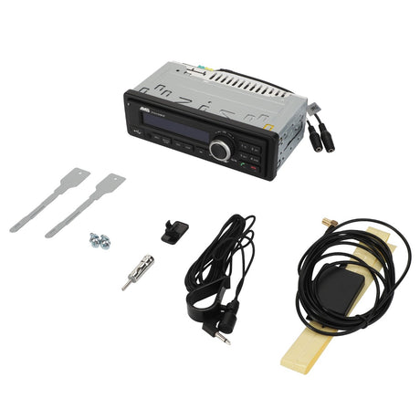 The AGCO Radio, model X991450189000, is an aftermarket car stereo system that includes the head unit, installation tools, screws, wiring harness, and various connectors and components. It is perfectly compatible with Massey Ferguson models for seamless integration.