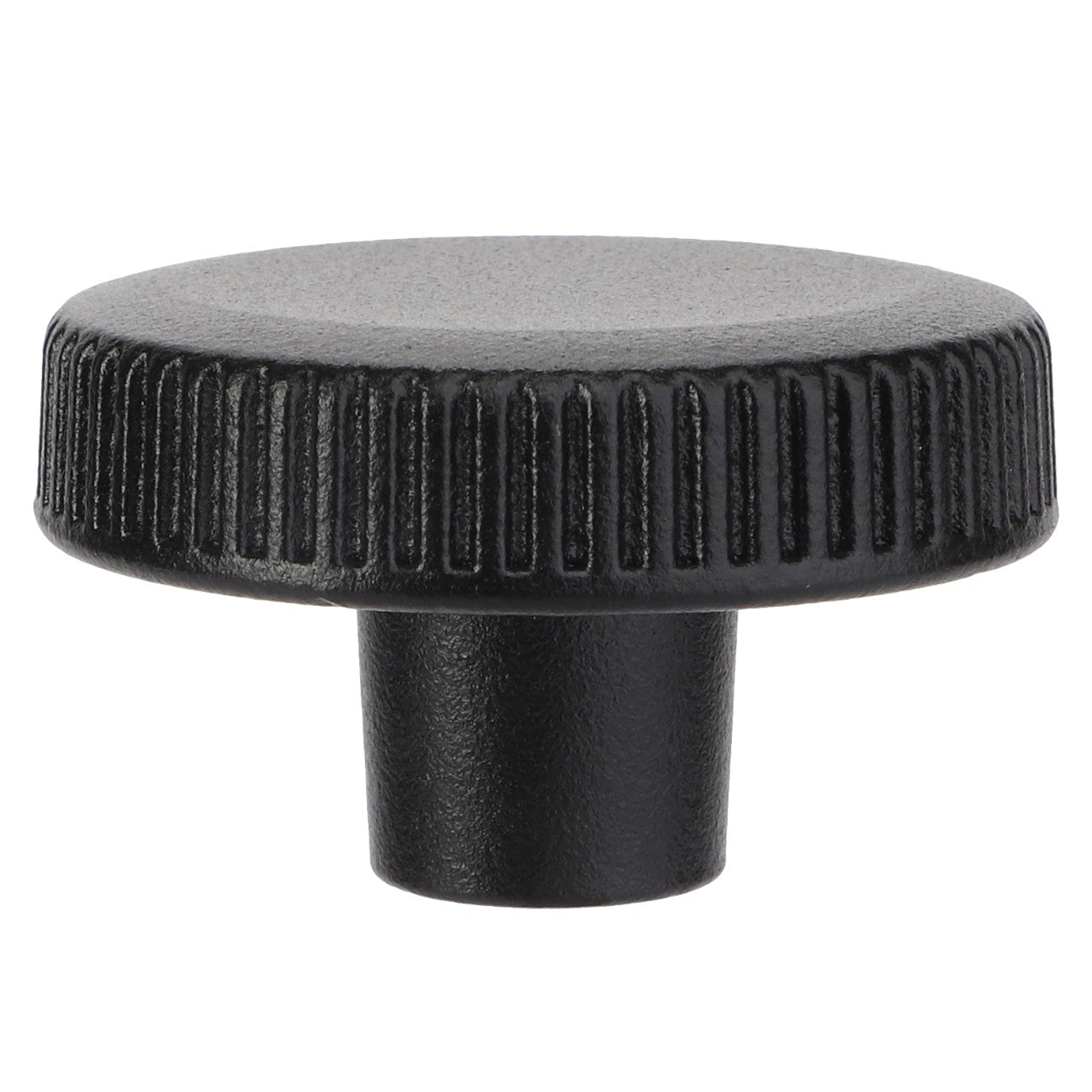 A black, round plastic knob with textured sides and a short cylindrical base, the AGCO Thumbwheel - Acw0530340 is perfect for various Massey Ferguson models.