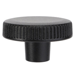 A black, round plastic knob with textured sides and a short cylindrical base, the AGCO Thumbwheel - Acw0530340 is perfect for various Massey Ferguson models.